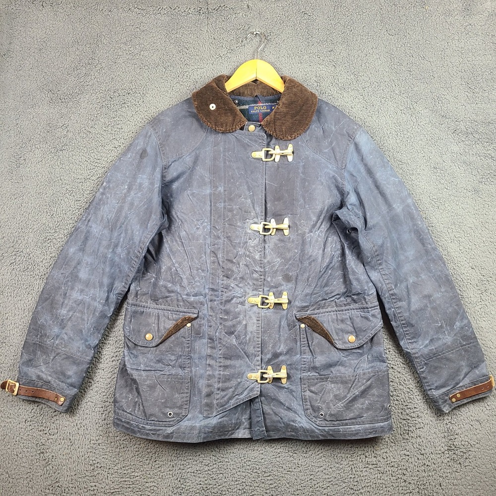 Polo Ralph Lauren Mens Oil Cloth Fireman Coat Clasp Hooks Plaid Lined Jacket M